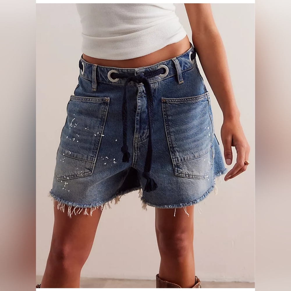 Free People Blue Distressed Denim Jean Shorts with Rope Tie